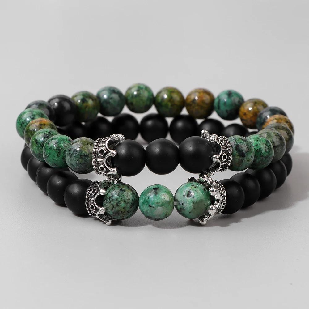 2Pcs/Set Natural Map Stone Beads Bracelet Fine Crown Charm Bracelets Balance Quartz Elastic Wrist Jewelry for Men Women 8mm