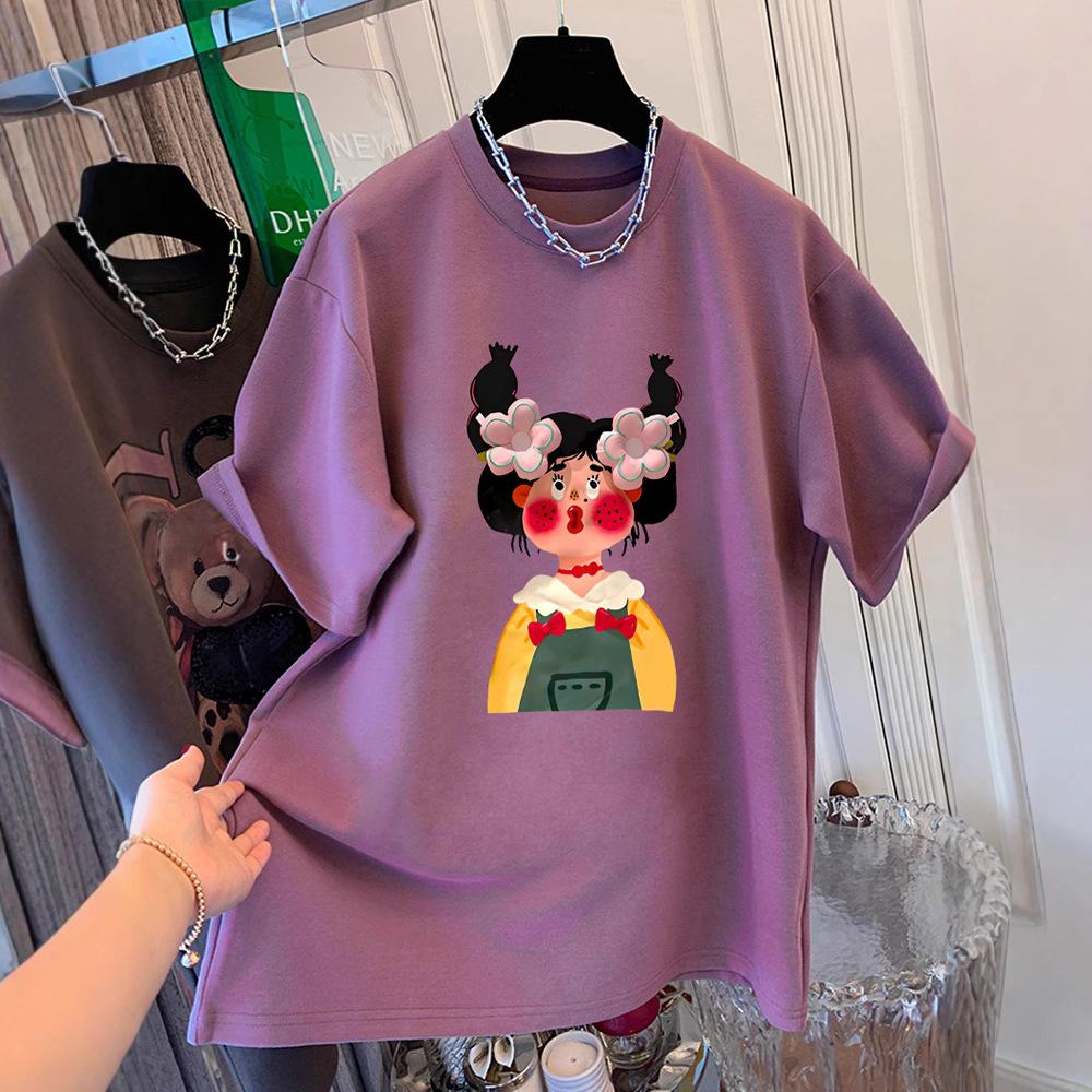

European goods large version of foreign style pure cotton short-sleeved t-shirt women s grape purple cartoon girl summer loose fat mm crew neck top m (80-105 recommended)