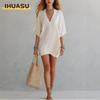 Fashion Summer Spring Solid Color Print Short Sleeve V-Neck Casual Dresses