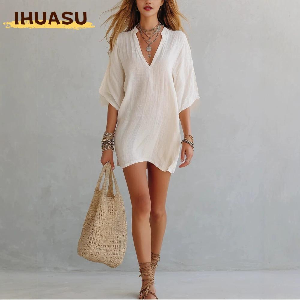 IHUASU Fashion Summer Spring Solid Color Print Short Sleeve V-Neck Casual Dresses