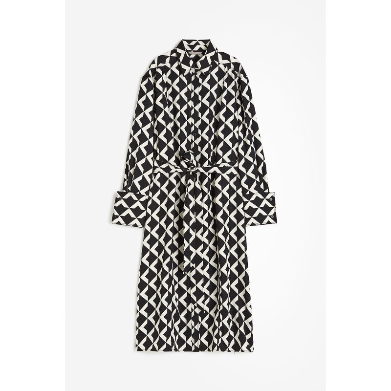

HM Women s Clothing Dress Autumn Trendy Elegant Waist Belt Shirt Midi Dress 1207692 Black/White Pattern 155/80A(XS)