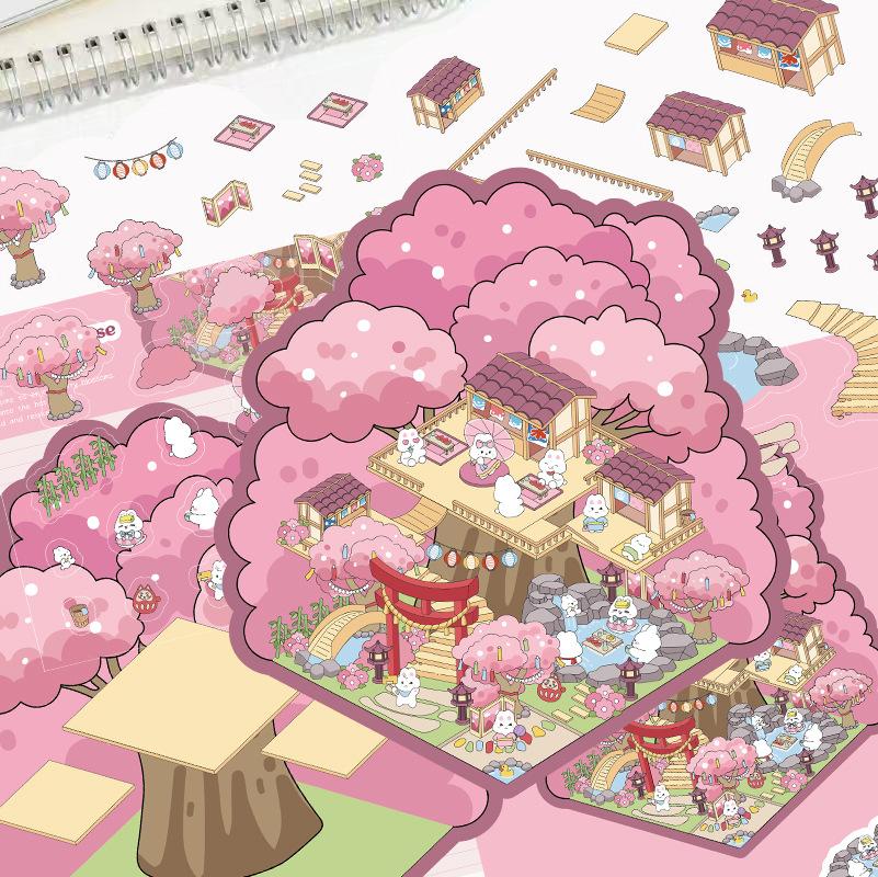 Cartoon Landscape Sticker Sakura Hot Spring Sake House Miniature World 3D Three-dimensional House Unzip DIY Scene Manual