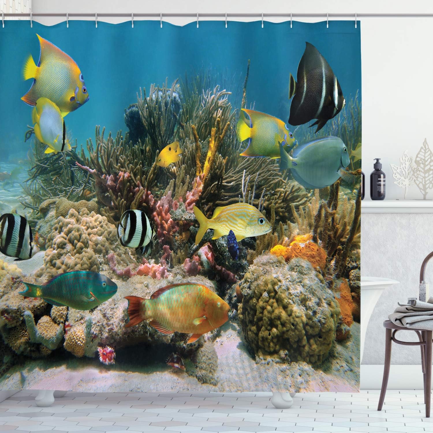 

Ocean Reef Shower Curtain With Hooks – Colorful Tropical Fish & Coral Colony, Caribbean Sea Underwater Scene In Grey Charcoal W60H190(CM)-1 Pcs