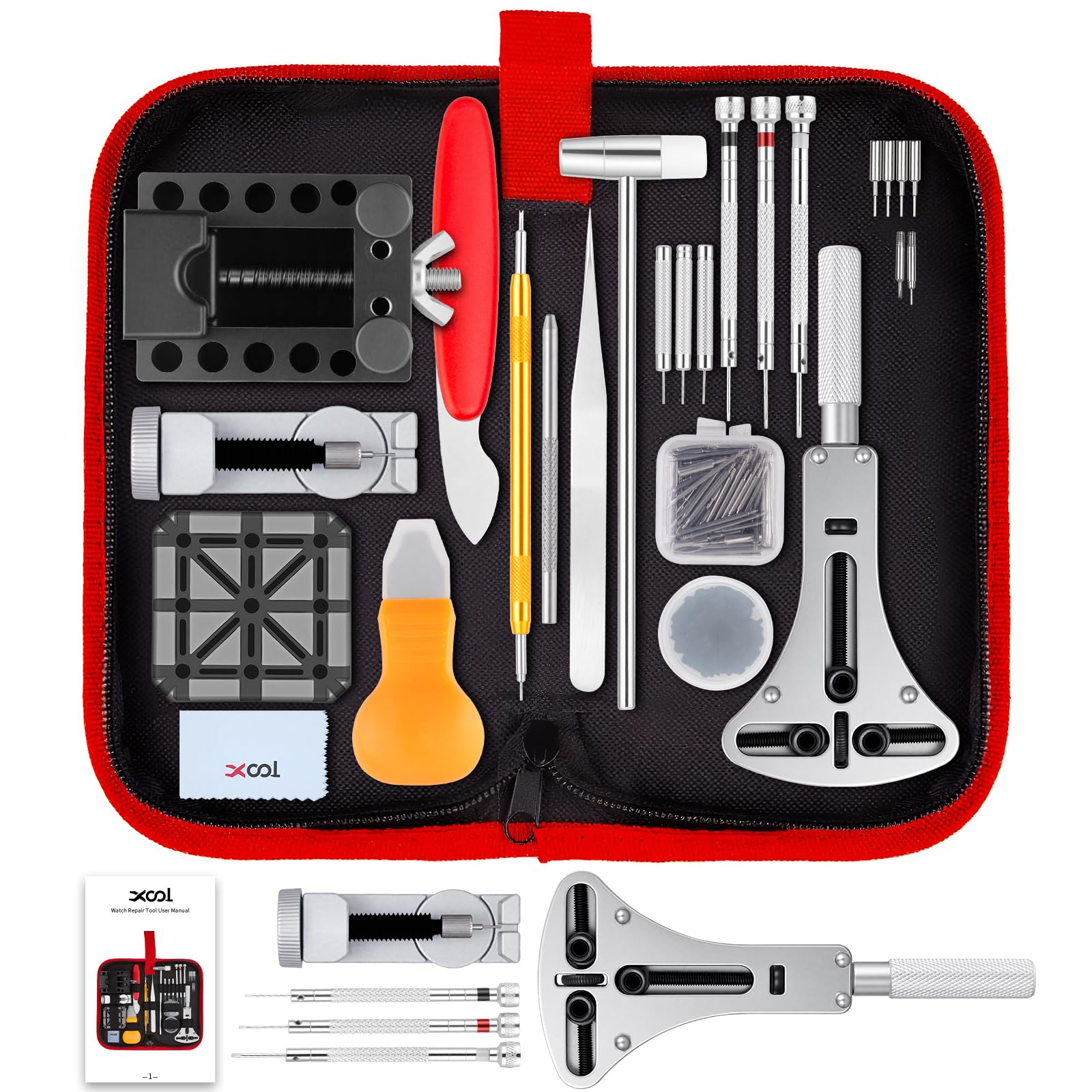 

XOOL Watch Repair Tool Kit - 151 Pieces: Includes tools for battery replacement, band adjustment, spring bar removal, watch opener, case back closing