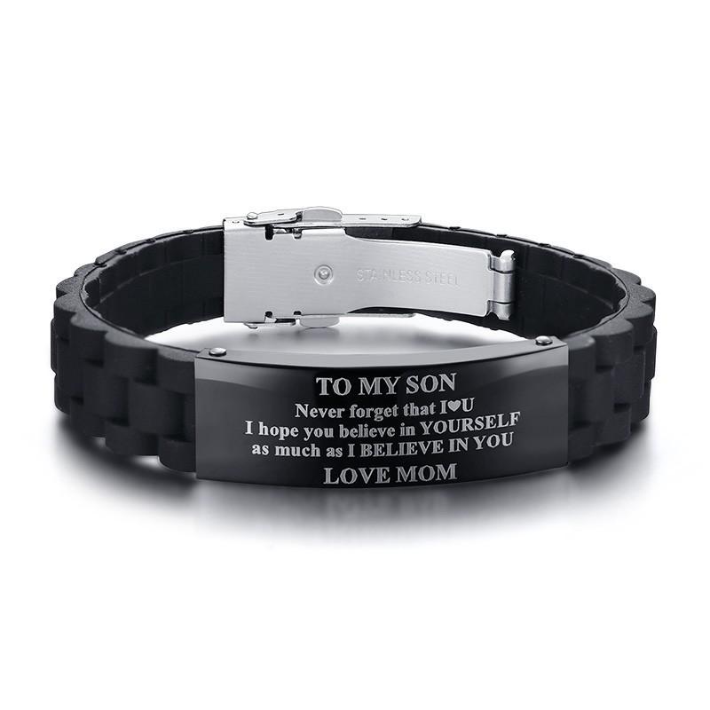 

To My Son Courage from Mom DAD Bracelets Men Male Boy Stainless Steel Black Silicone Sports Family Love pulseira Adjustable