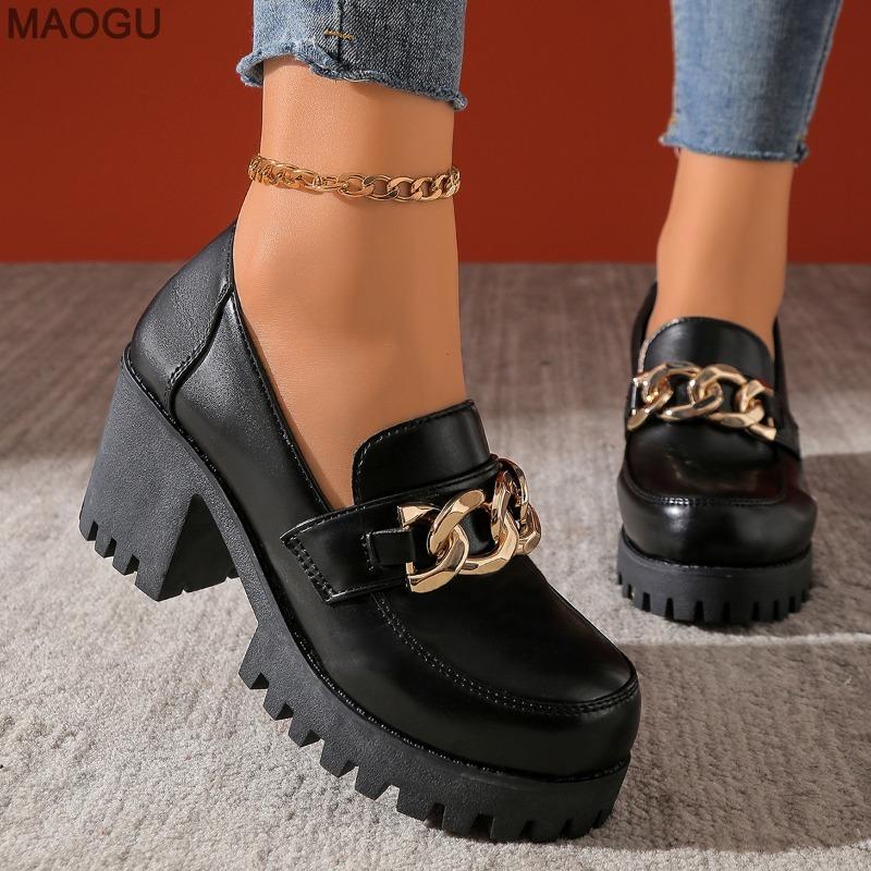 2026 New Autumn Chain Decor High Heels Loafers Women's Thick Heel British Style Low Top Pumps Slip on Anti-slip Shoes for Women