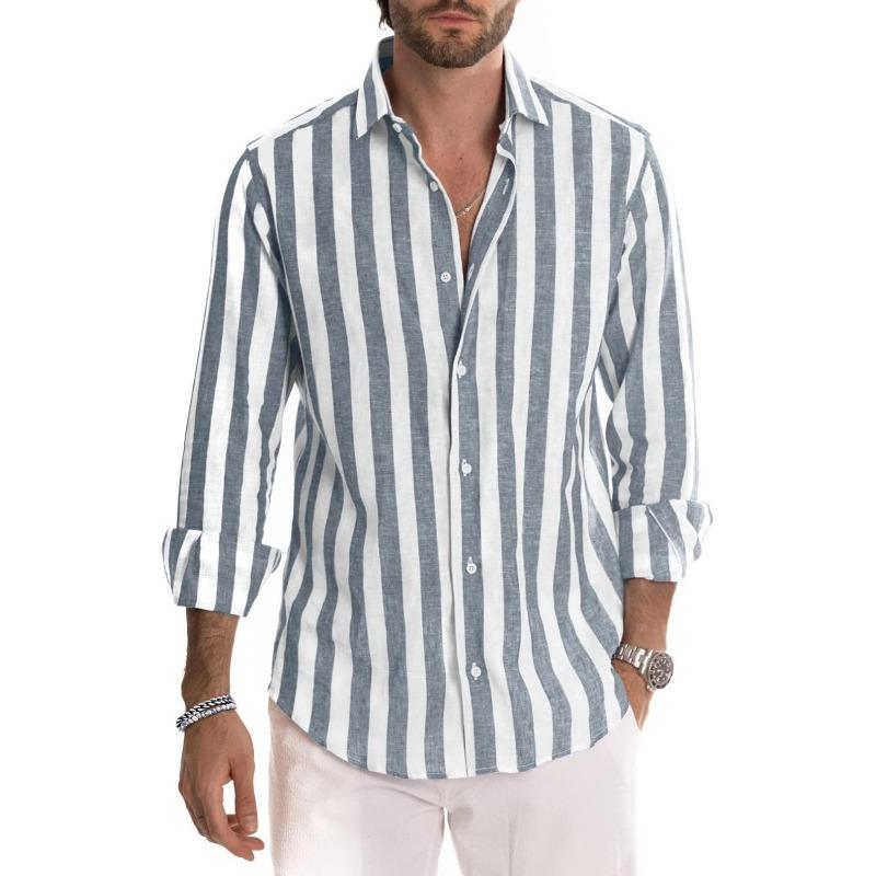 

Summer Spring Men s Long-Sleeve Polo Neck Striped Shirt - Relaxed Fit Shirt XXXXXL