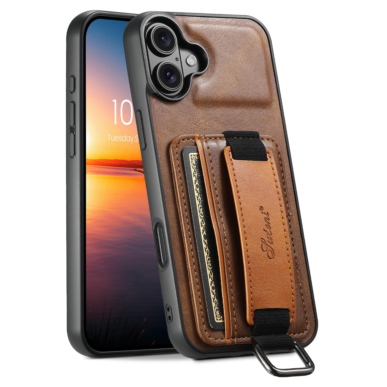 

SUTENI H13 For iPhone 16 Case Card Holder Wristband Waxy Texture Leather+TPU+PC Cover A