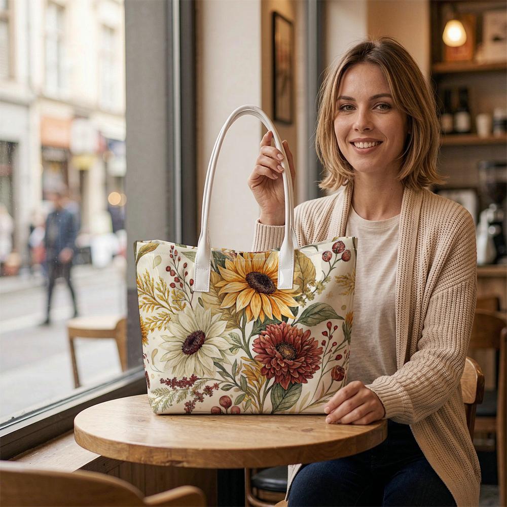 Vintage Sunflower Print Tote Bag Casual Large Capacity Daily Carry Handbag