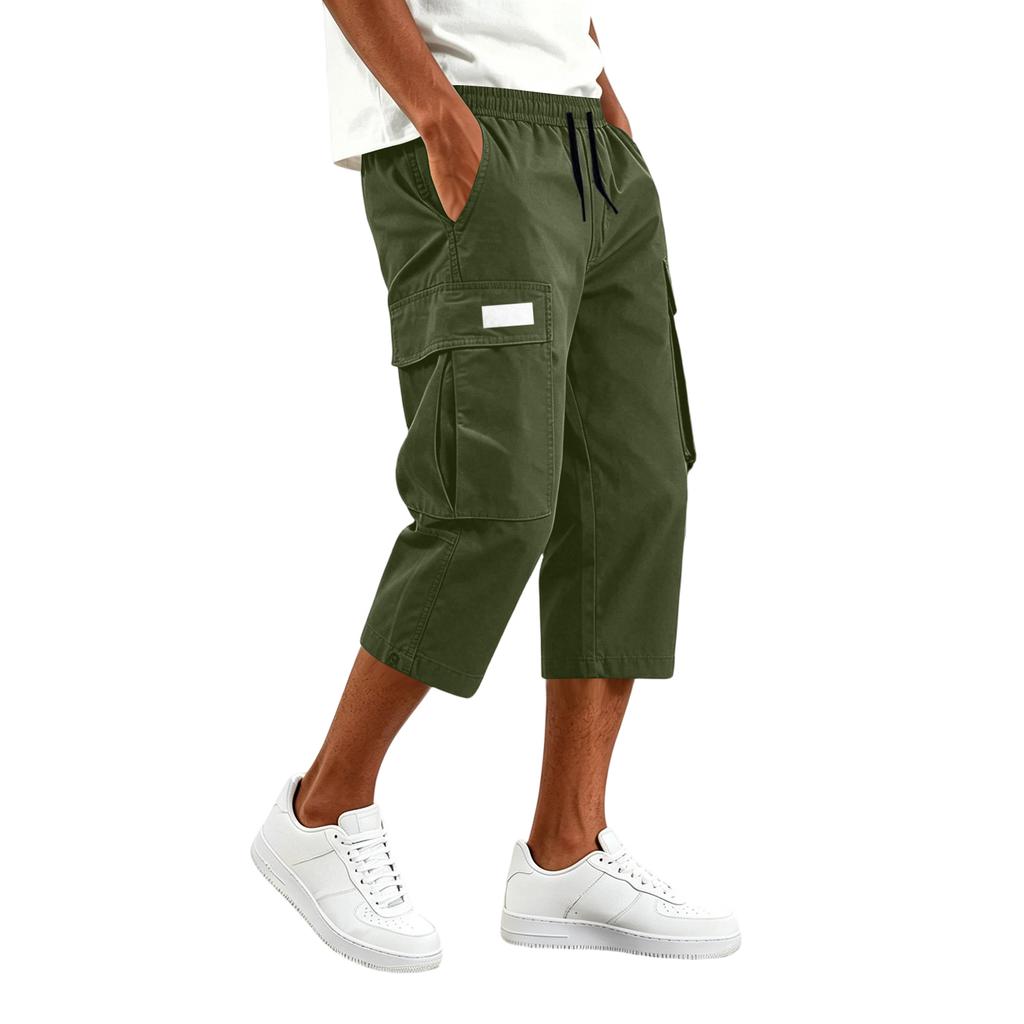Men’s Drawstring Waist Multi Pocket Cargo Capri Pants Relaxed Fit Seven Quarter Length Casual Trousers for Everyday Wear