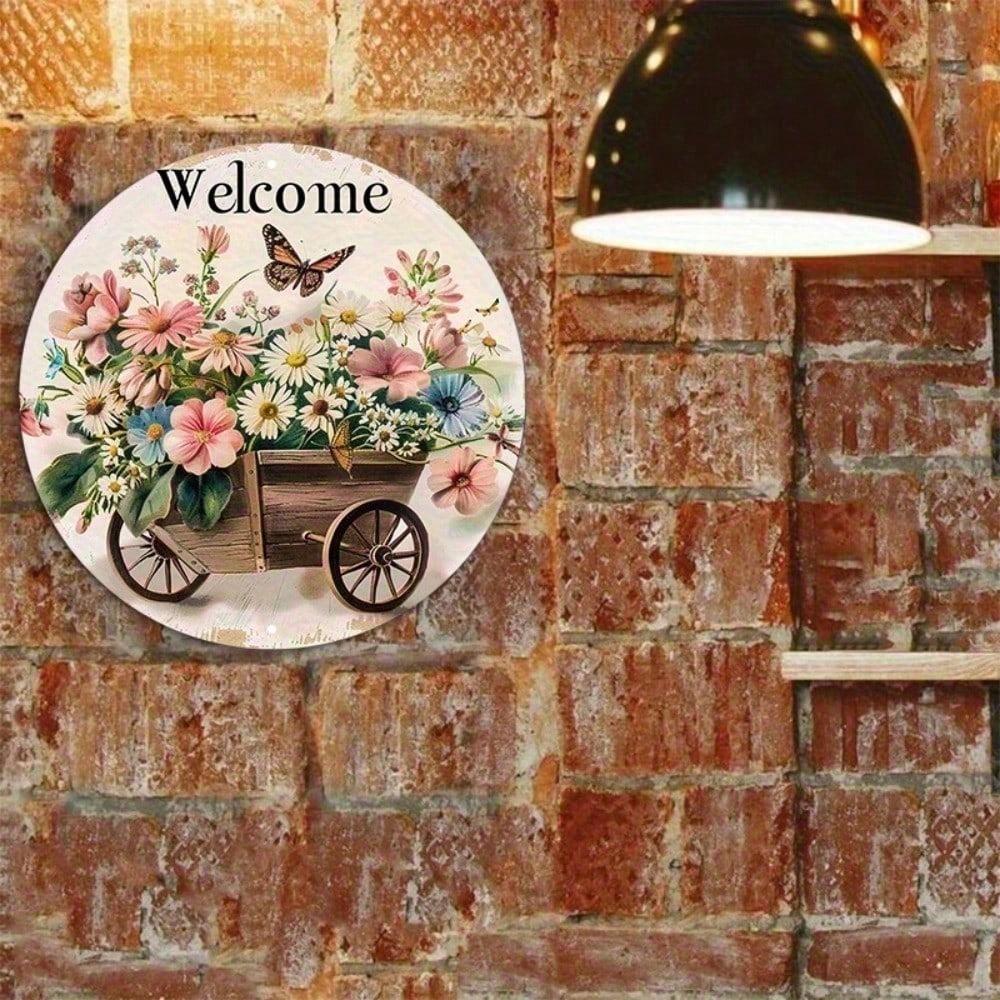 1pc 8x8 Inch Fantasy Animal Round Welcome Sign Waterproof HD Printed Floral Butterfly Door Hanger Wall Decor