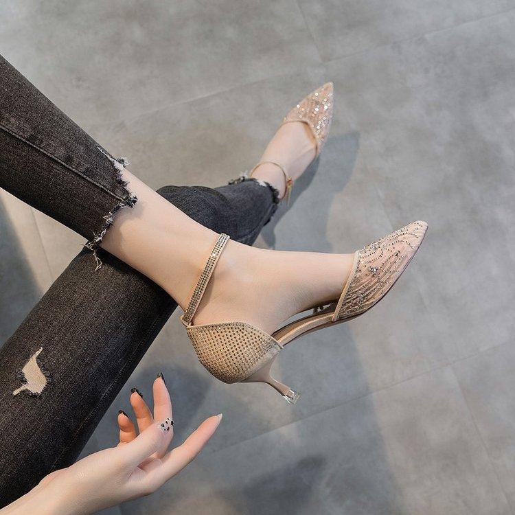 Mesh hollowed-out bag head sandals women's summer 2025 summer new middle heel one-word strap high heels stiletto single shoes