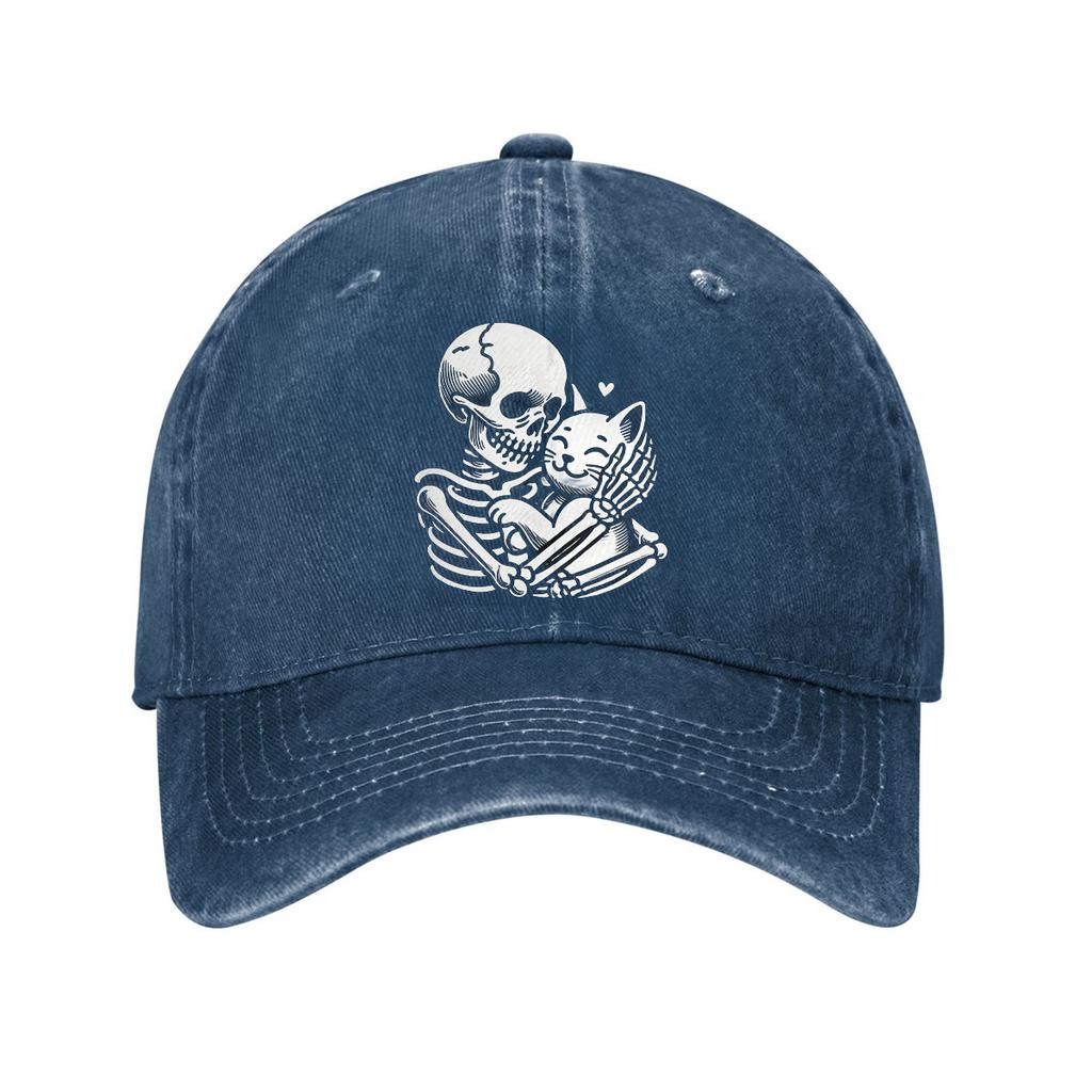 Skeleton Hugging Cat Print Baseball Cap Cotton Adjustable Curved Brim Dad Hat Casual Unisex