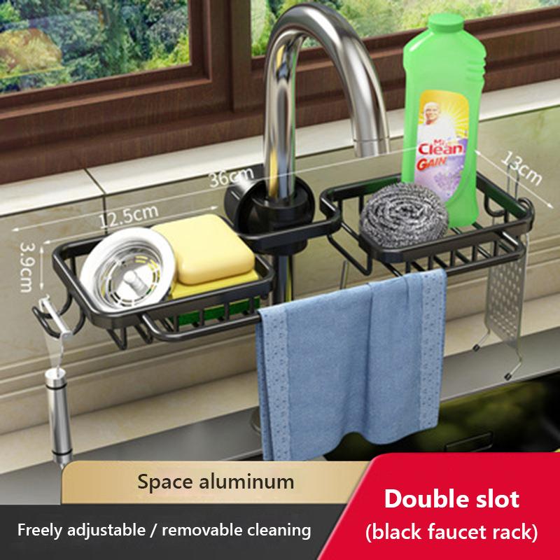 Kitchen Space Aluminum Sink Drain Rack Sponge Storage Faucet Holder Soap Drainer Shelf Basket Organizer Bathroom Accessories