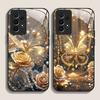 Belle Fleur Papillon Doré Verre Trempé Coque de Téléphone pour Samsung Galaxy S25 Ultra S24 S23 Plus S22 S21 S20 FE A56 Housse