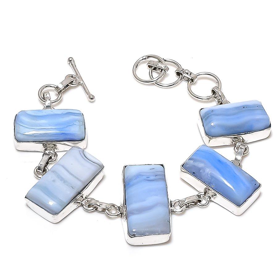 

Natural Blue Lace Agate Gemstone Handmade 925 Sterling Silver Bracelet 7-8 E0d43
