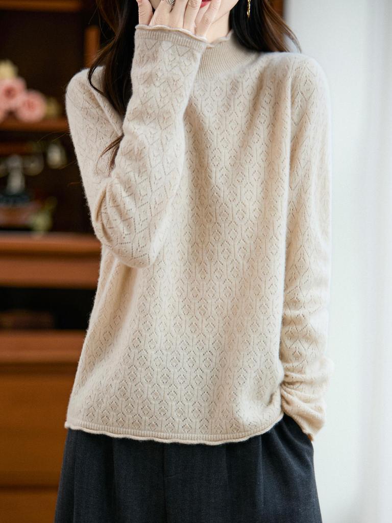 Women's Wool Knit Sweater with Ruffled Collar - Fern Tail Design, Slimming Loose Fit, Soft Half-High Collar
