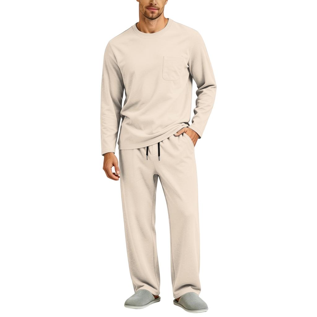 Men's Long Sleeve Pajama Set with Button Fly and Elastic Drawstring Waist for Sleep and