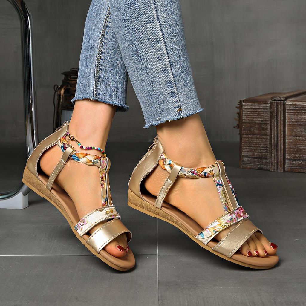 Fashion 2025 Summer Bohemian Ethnic Sandals Woman Zipper Roman Women'S Plus Size Flat Sandals Leather Velvet Shoes Rome Flock Pu Slides