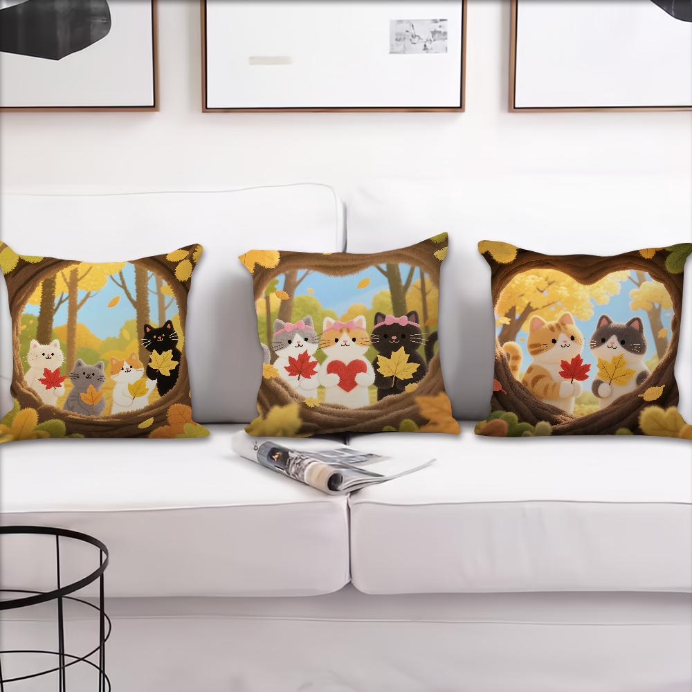 Cartoon Kitten Autumn Cute cushion cover Pillow Cover Decoration Room Home Sofa living Office Car Nordic Simplicity