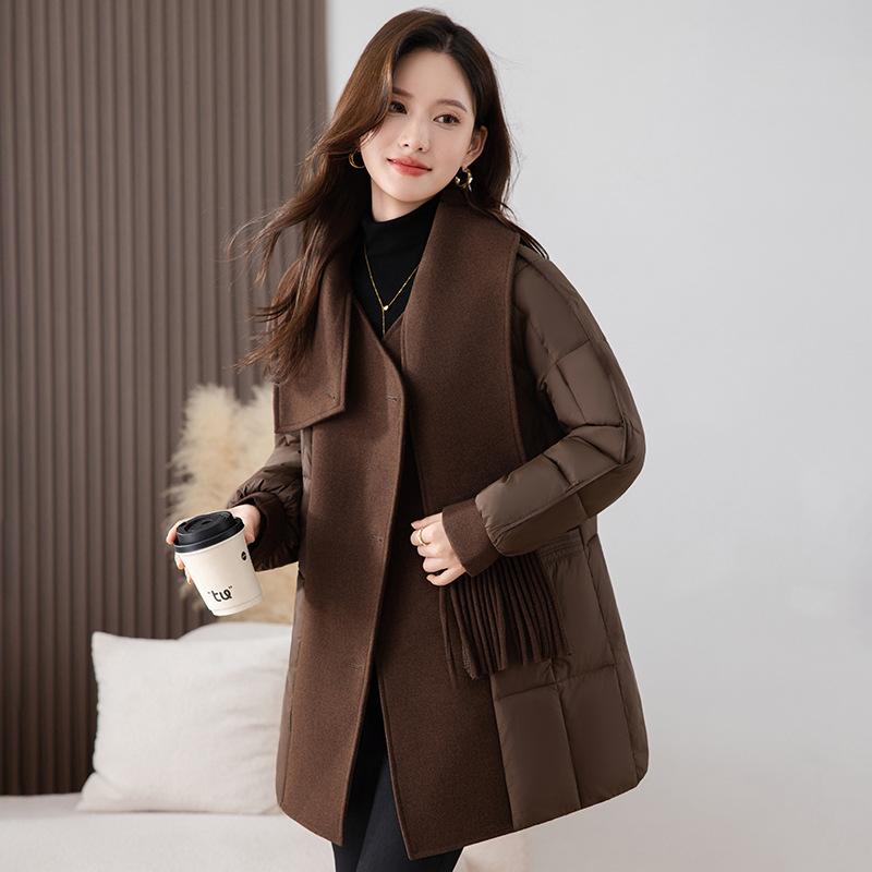 

Middle-aged Mother Winter Clothing Splicing Down Cotton Clothing New Middle-aged and Elderly Cotton Clothing Warm Jacket 4XL темно-коричневого