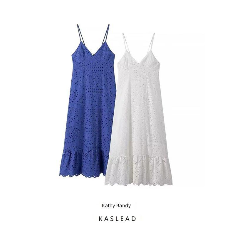 Kaslead New Arrival Women's Clothing Fashion Style Fashion Casual Minimalist Lace Embroider Pure Color Dress