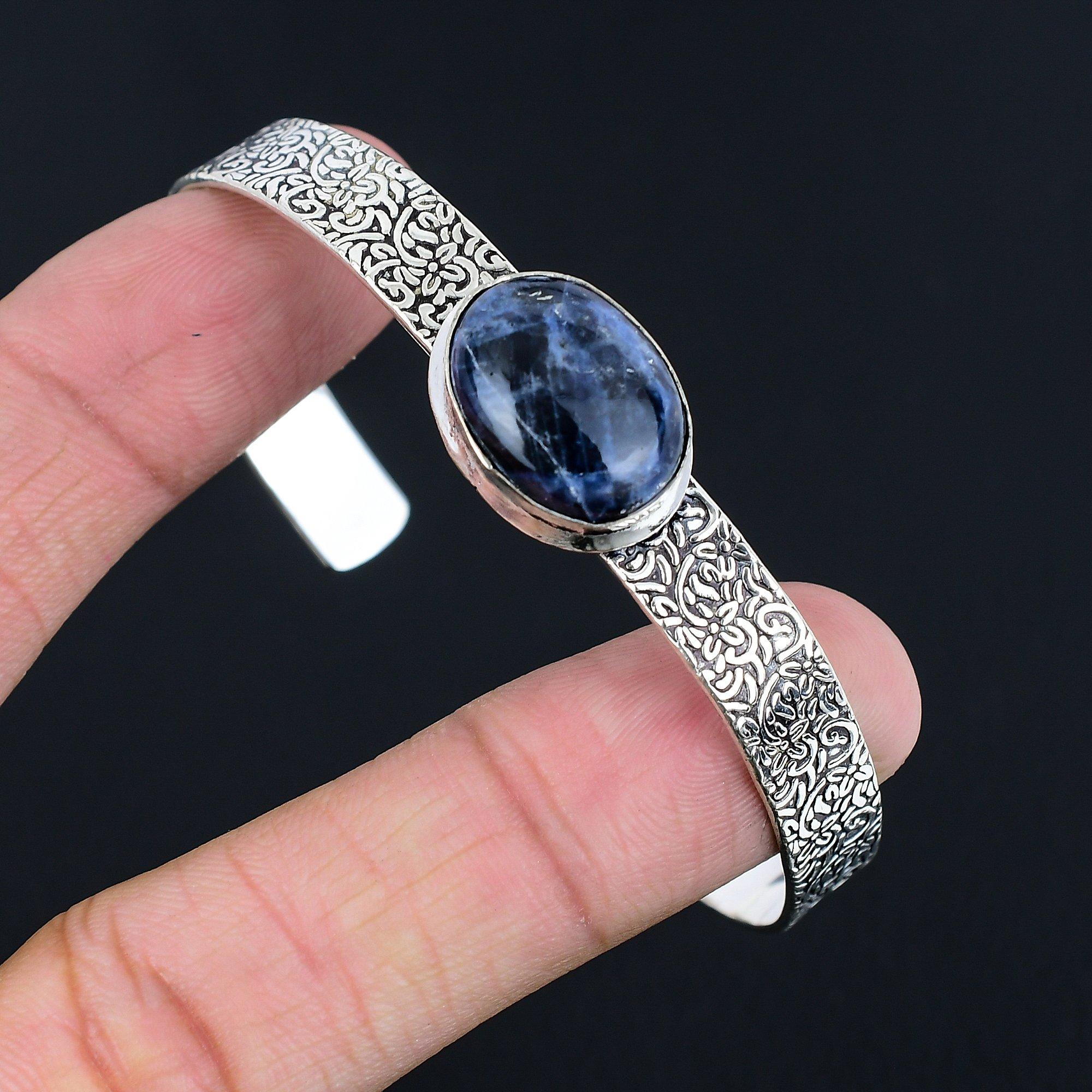 

925 Sterling Silver Oval Natural Sodalite Handmade Handcrafted Bangle Jewelry Adjustable