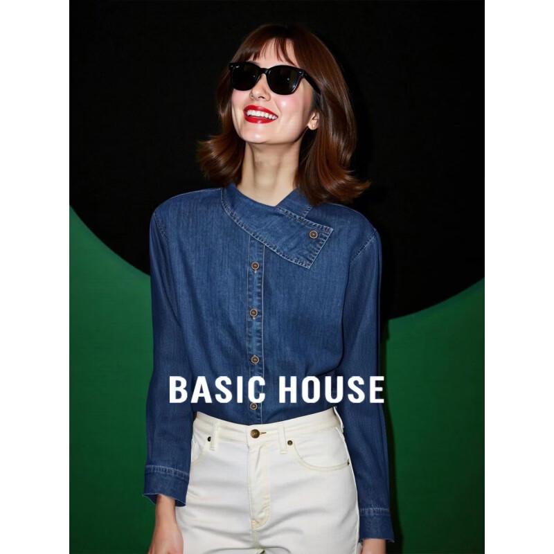 Basic House Women s Retro Cross-Neck Long Sleeve Denim Shirt S