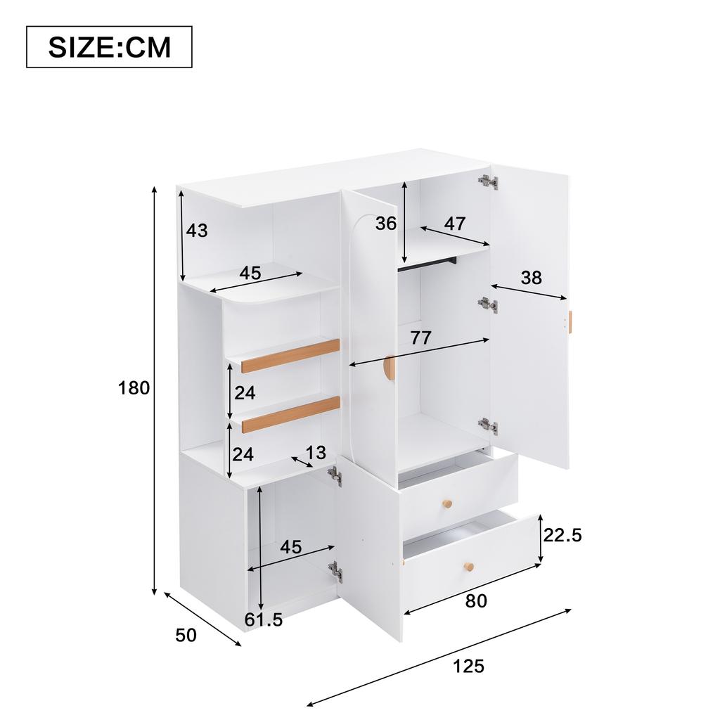 Wardrobe, Multipurpose Cabinet in White/Natural, with Drawers, Clothes Rail and Open Shelf Compartments for Bedroom, Teen Room and Hallway