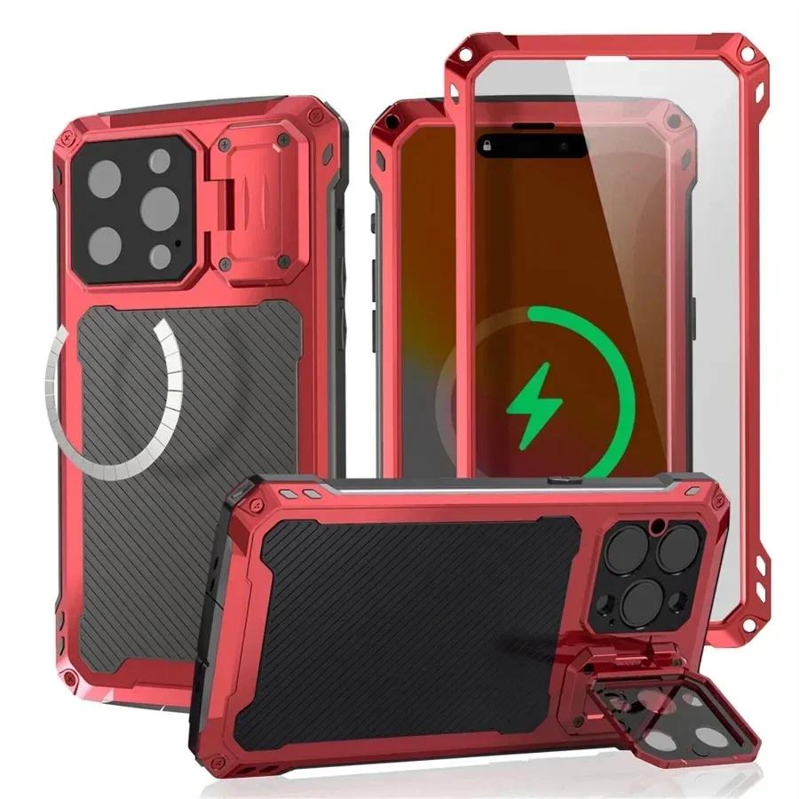 For iPhone 16 15 Plus 14 Pro Max Aluminum Metal Shockproof Magnetic Case Heavy Duty Armor Cover With Screen Protector Lens Stand