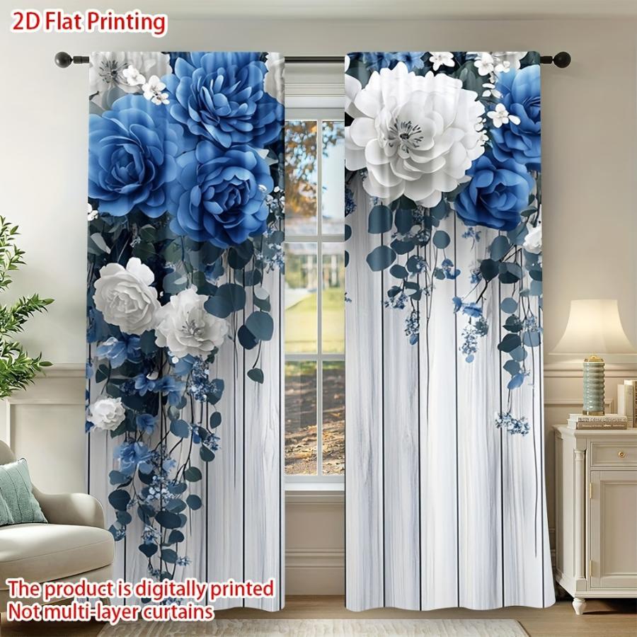 2PCS Digital Printed Curtains, Blue White Peony Design, Floral Flower Style for Living Room Bedroom Kitchen Home Decor