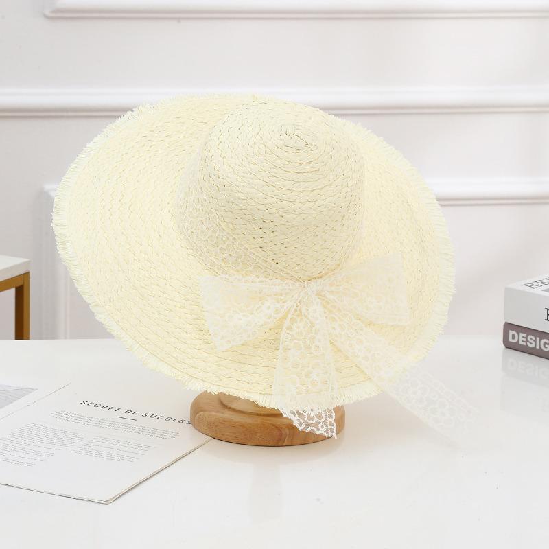 Summer Bow Sun Hat Female, Seaside Beach Vacation Sun Hat Outdoor Big Brim Sun Hat Sweet Straw Hat