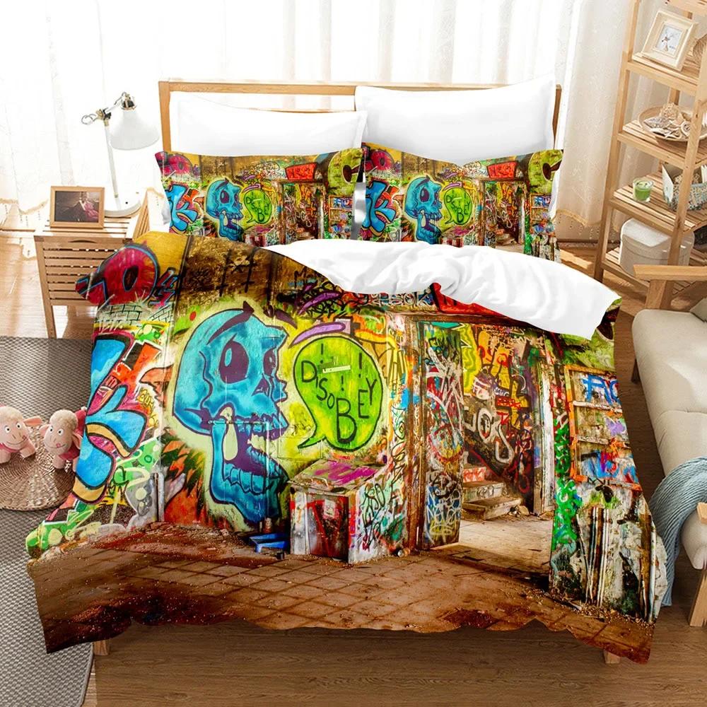 Graffiti Duvet Cover Set King/Queen Size Kid Boys Youth Modern Wall Urban Street Art Painting Polyester Bedding Set Pillowcases