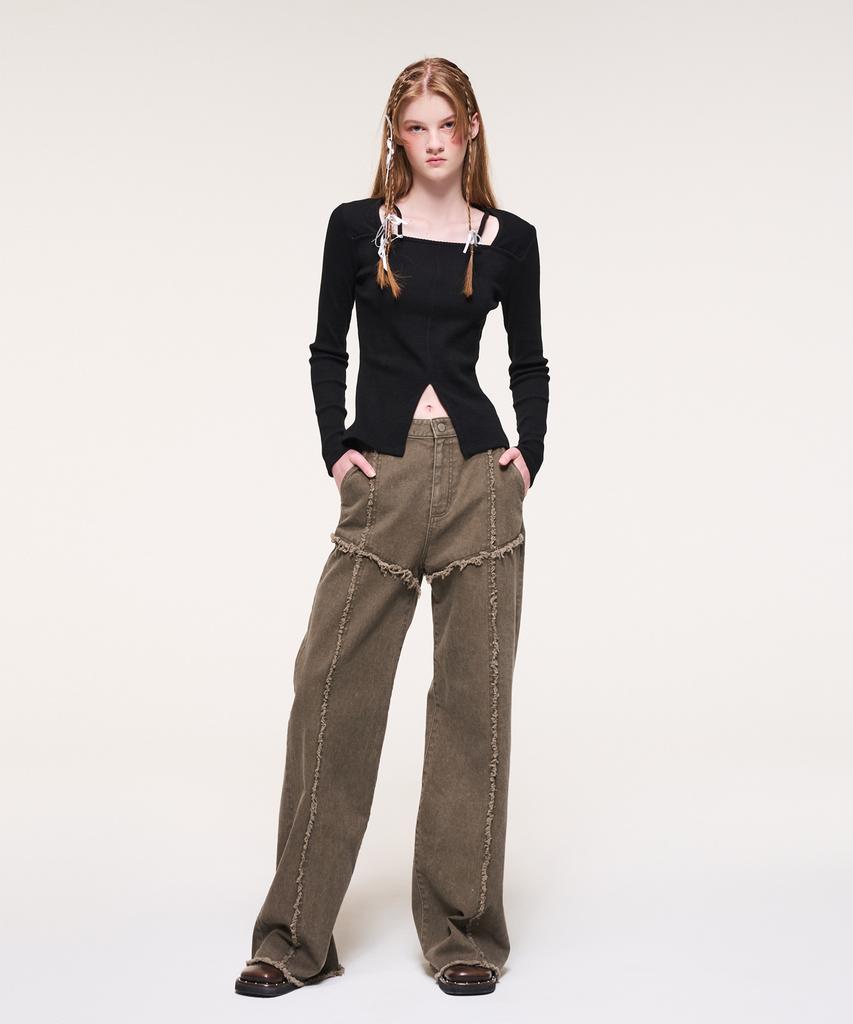 Etmont Damage Denim Pants, Khaki Brown