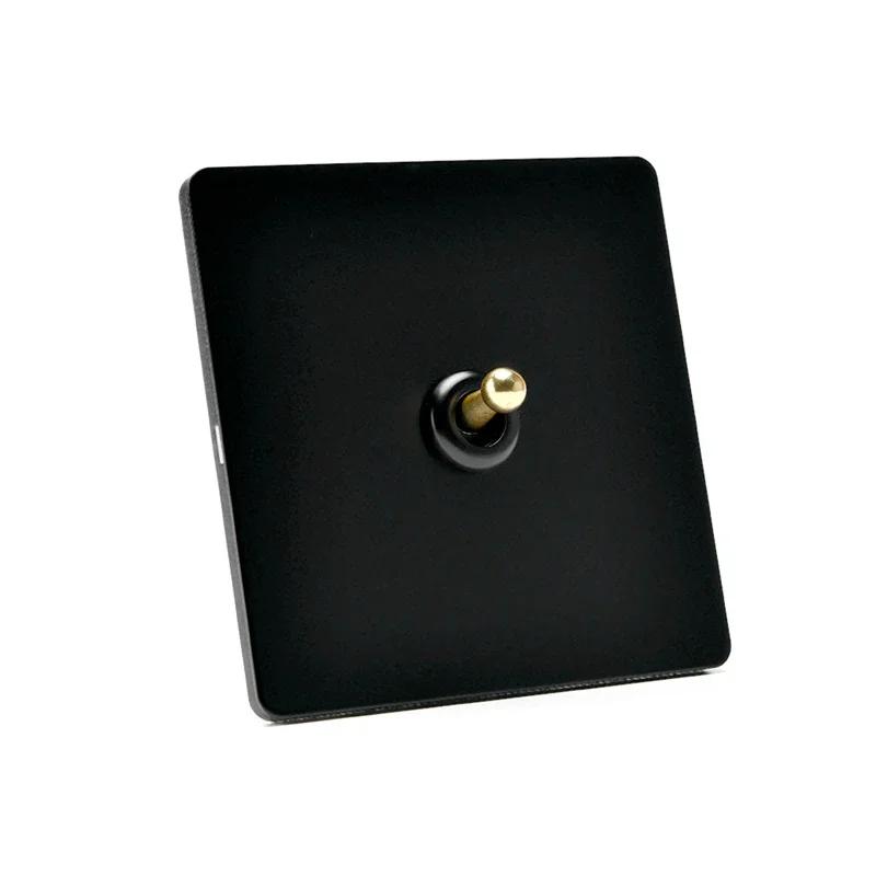 86 Type Retro Switch 1-4 Gang 2 Way Wall Light Brass Lever Toggle Switch Black Matte Stainless Steel Panel EU FR Power Outlet