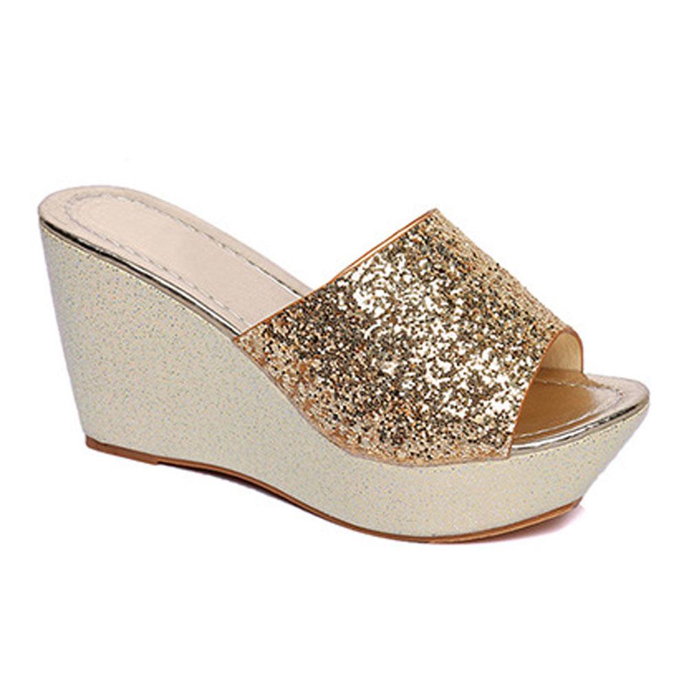 Women Summer Casual High Heel Wedge Skid Slippers Bling Flip Flops Shoes
