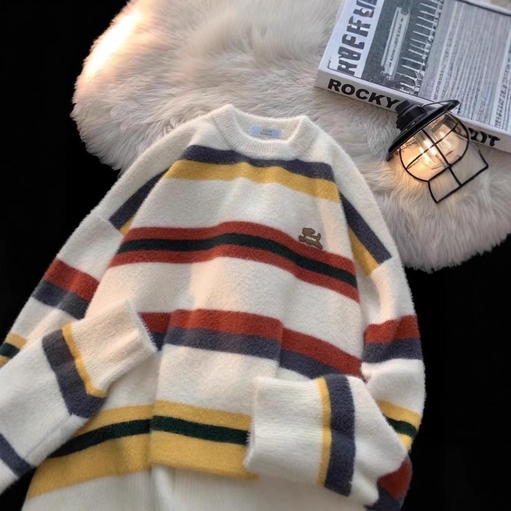 

2024 Unisex Striped Puppy Sweater: Cute, Cozy & Versatile Autumn/Winter Knit Top for Couples M бежевый