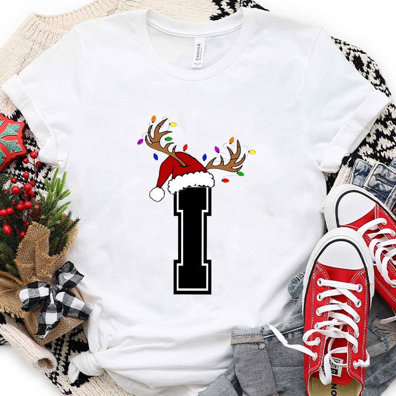 Casual Womens Tshirt with AZ Christmas Alphabet Print Santa Holiday Graphic Perfect for Xmas Party Parties and Casual Wear