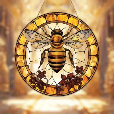 Bee and Flower Stained Glass Catcher, 8x8 inches,Christmas Holiday Themed Window Hanging Decoration, Garden Porch Bedroom Office Art, Decorative Gifts
