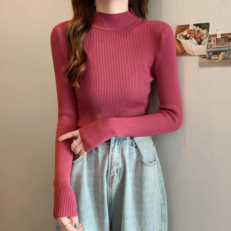 Fashion Solid Half High Neck Knitted Sweater Women Slim Fit Casual Elegant Pullover Sweaters Autumn and Winter Long Sleeve Knitwear Sweater Tops 24841
