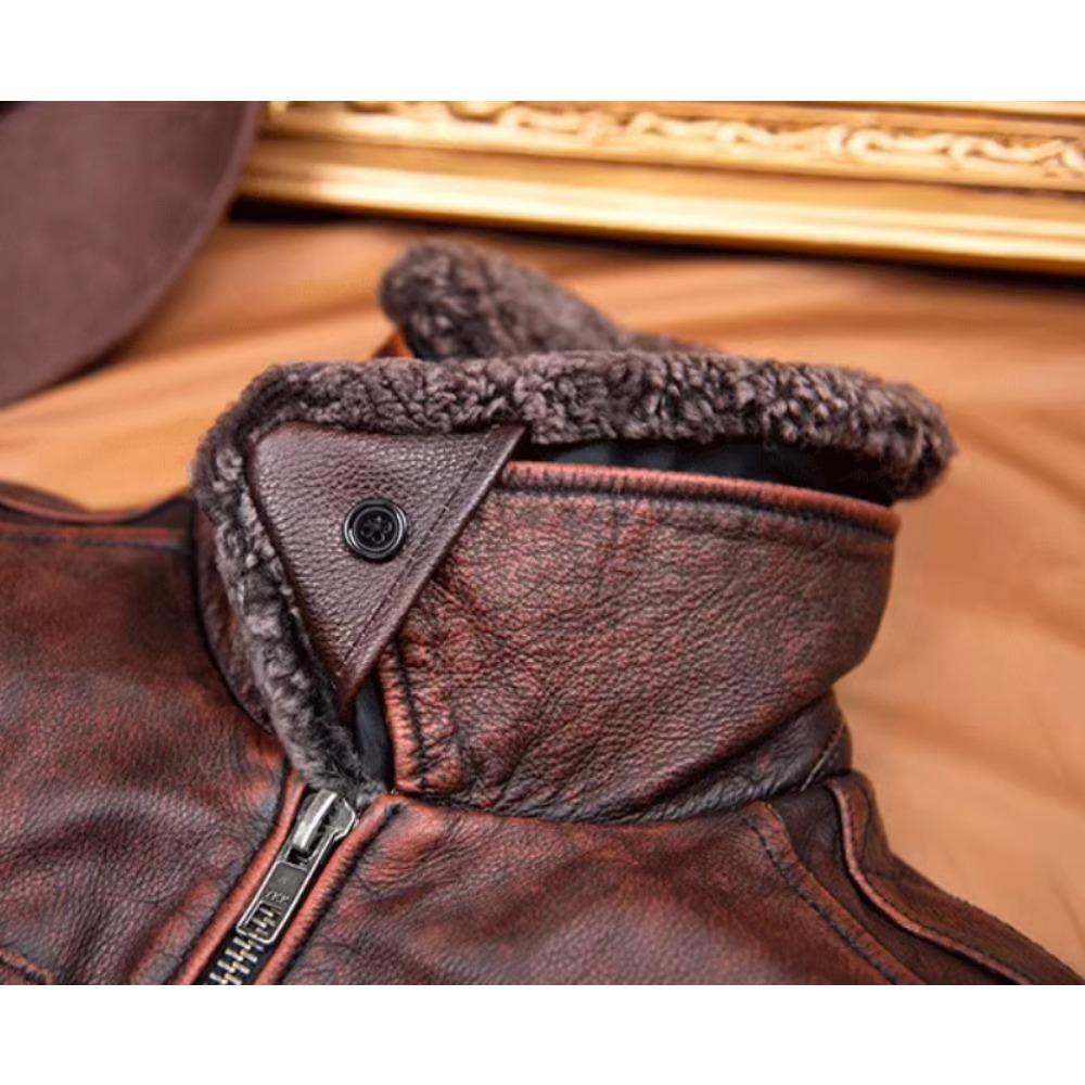 Čínská velikost Vintage pravá hovězí kůže Pánská kožená bunda Letecké bundy Muž Zimní kabát Teplý límec z přírodní kožešiny