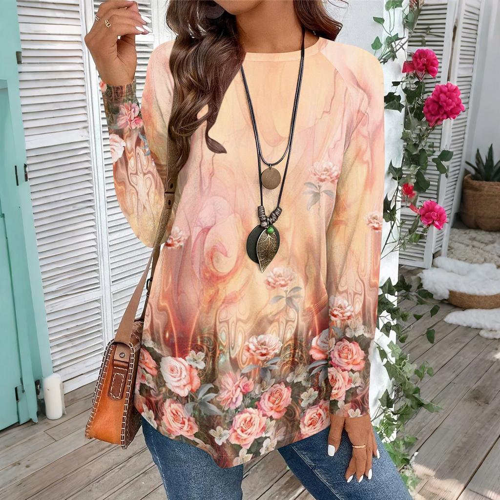 Women's Casual Plus SizeLong Sleeved Round Neck Vintage Ethnic Printing T-shirt Top Pullover