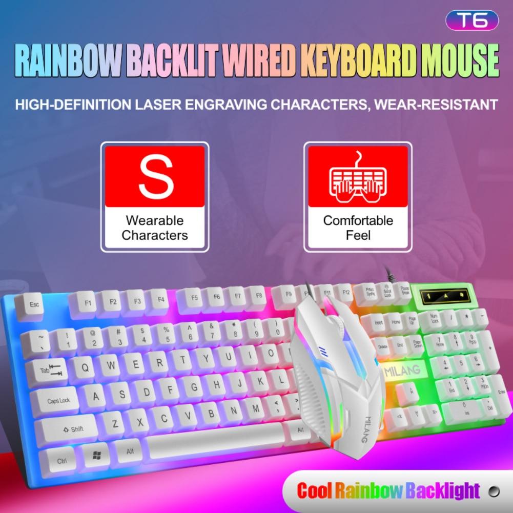 RGB Rainbow Backlit Wired Keyboard and Mouse Set - Comfortable Floating Keycaps, Durable for Office Business