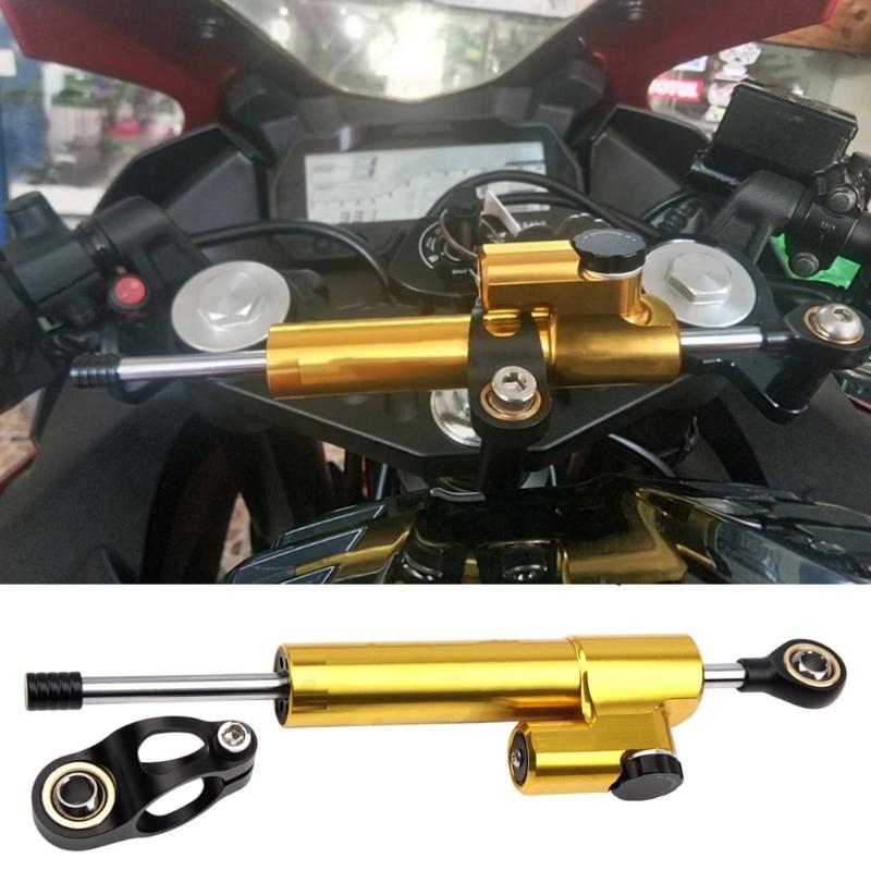 Machined Aluminum Motorcycle Steering Damper with Anodized Finish, Adjustment Knob and Shared Mounting Hardware