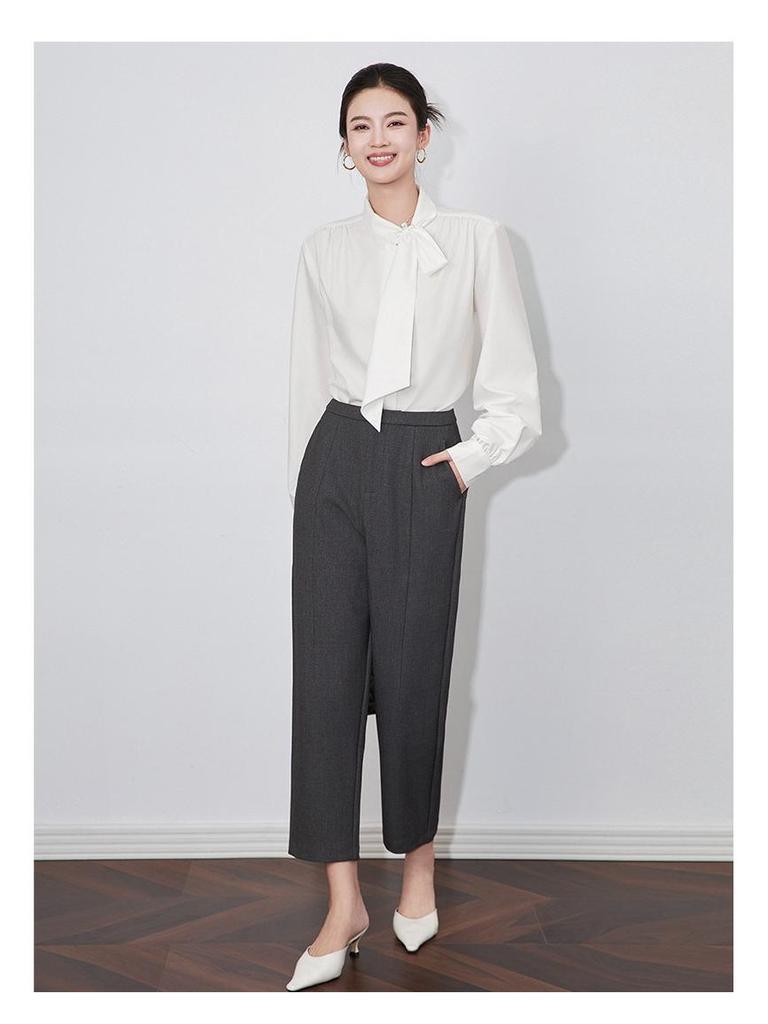 Commuting Coolness Lantern Sleeve Beaded Ribbon Women's Loose Top, Autumn/Winter Style