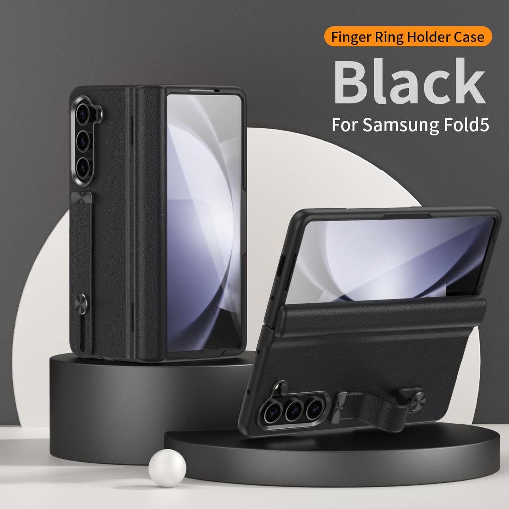 Samsung Z Fold6/5 Leather Phone Case with Film Protection & Wrist Strap