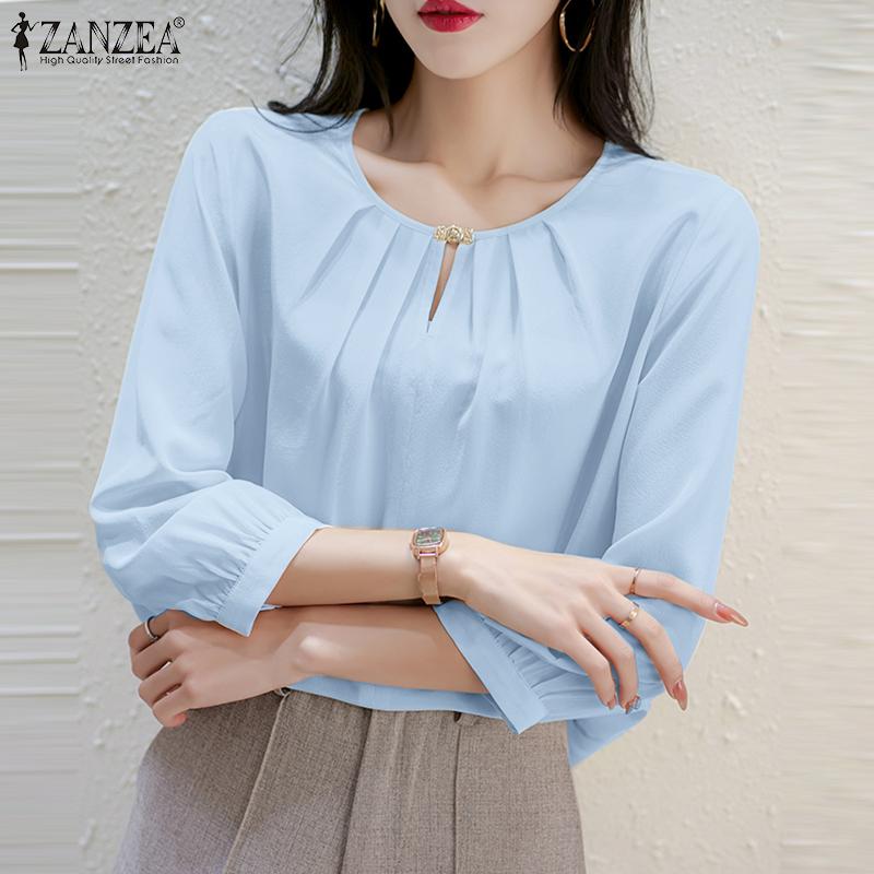 

ZANZEA Женская повседневная свободная летняя блузка с круглым вырезом и рукавами 3/4