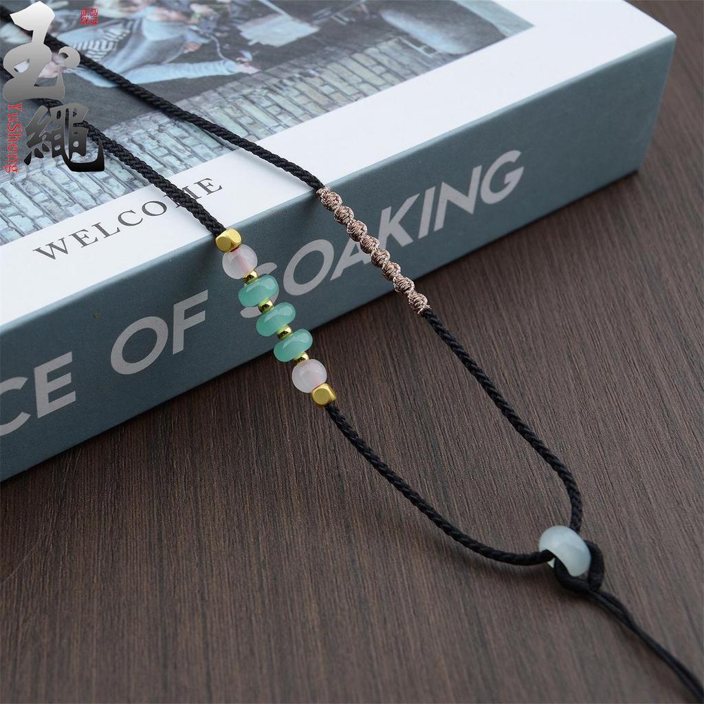 Handwoven Adjustable Jade Pendant Lanyard Necklace - Thin Gold Rope Style