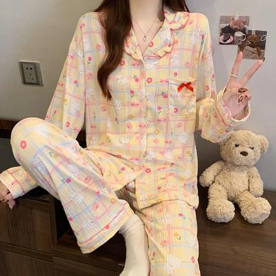 Süßes Niedliches Kawaii Hasen-Print Damen Französisch Romantisch Zweifarbig Kariert Lounges Milchseide Knitterstoff Homewear