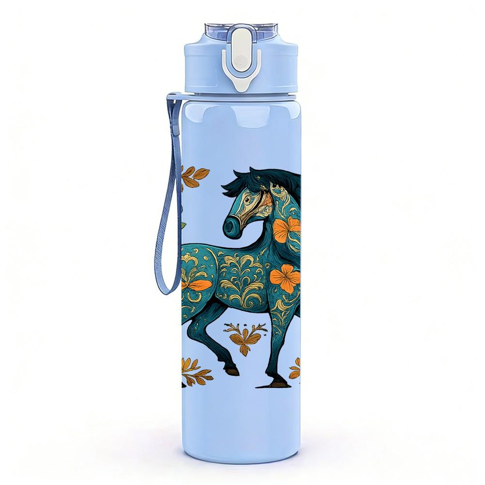1PC Vintage Decorated Horse 750ml Color Plastic Sports Water Bottle Leakproof Flip Straw Lid Suitable for Sports Office Home Use